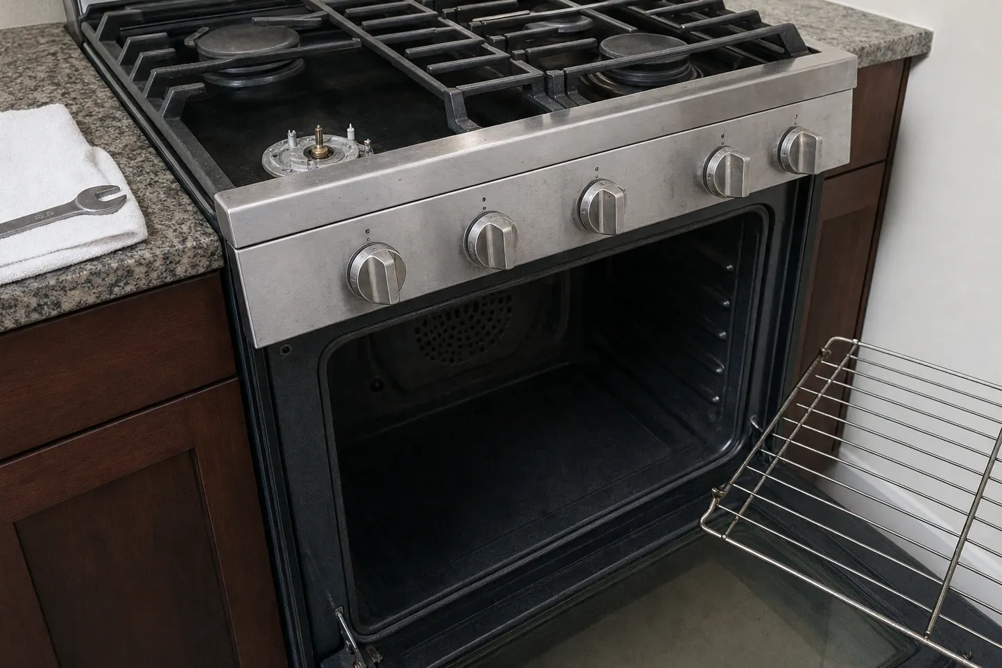 Front burner of a stainless gas range with the cap lifted off, exposing the igniter electrode and brass orifice, oven door open behind