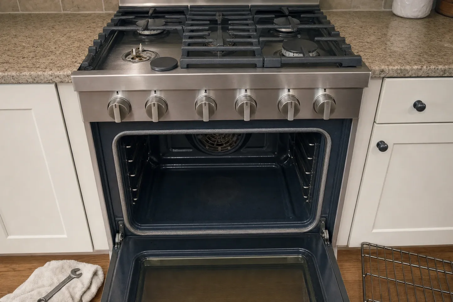 Pro-style stainless range in a white-cabinet kitchen, oven door open with the door seal visible around the frame