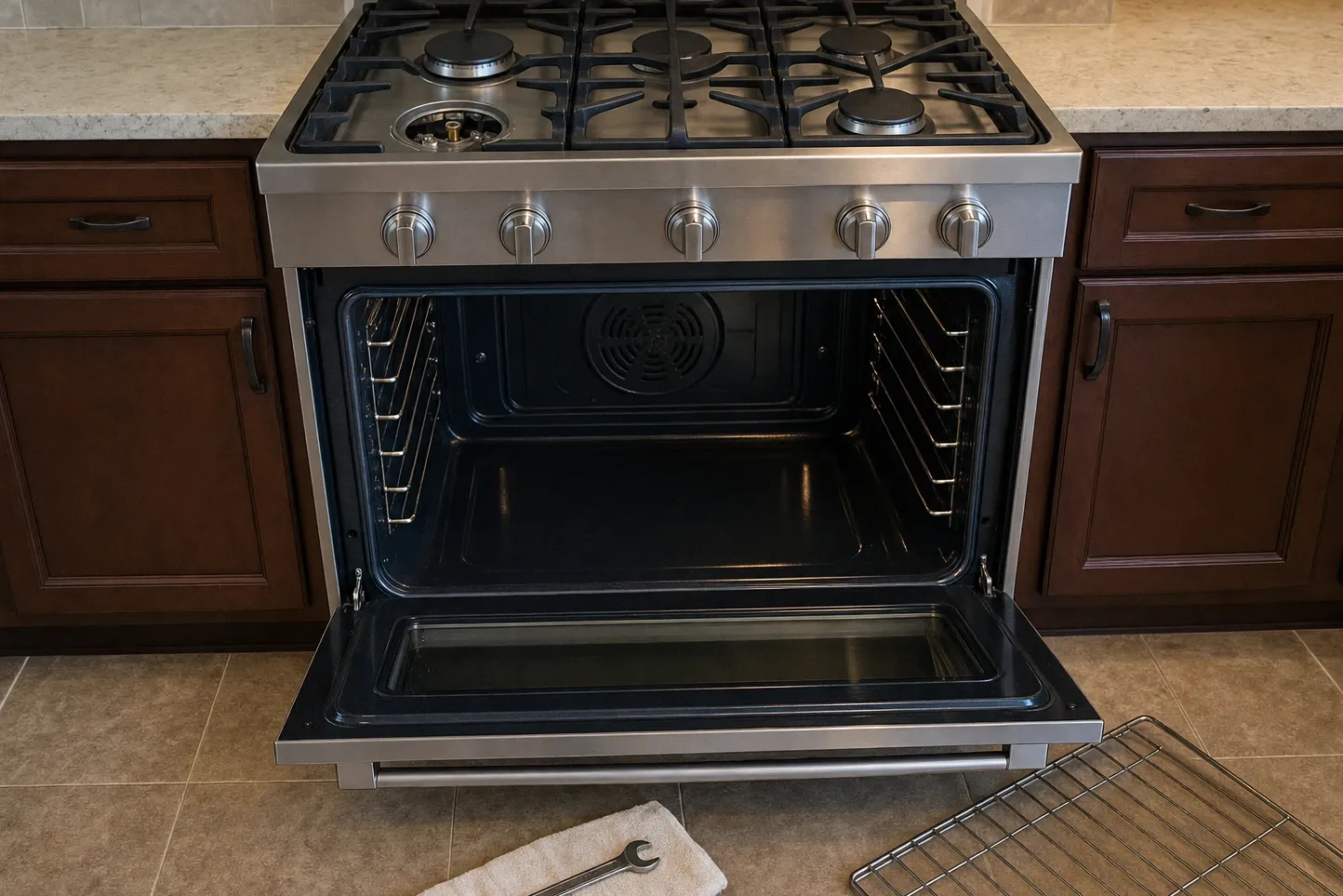 Oven door of a pro-style range fully open on a clean empty cavity, rack guides down both walls and the convection fan cover at the back