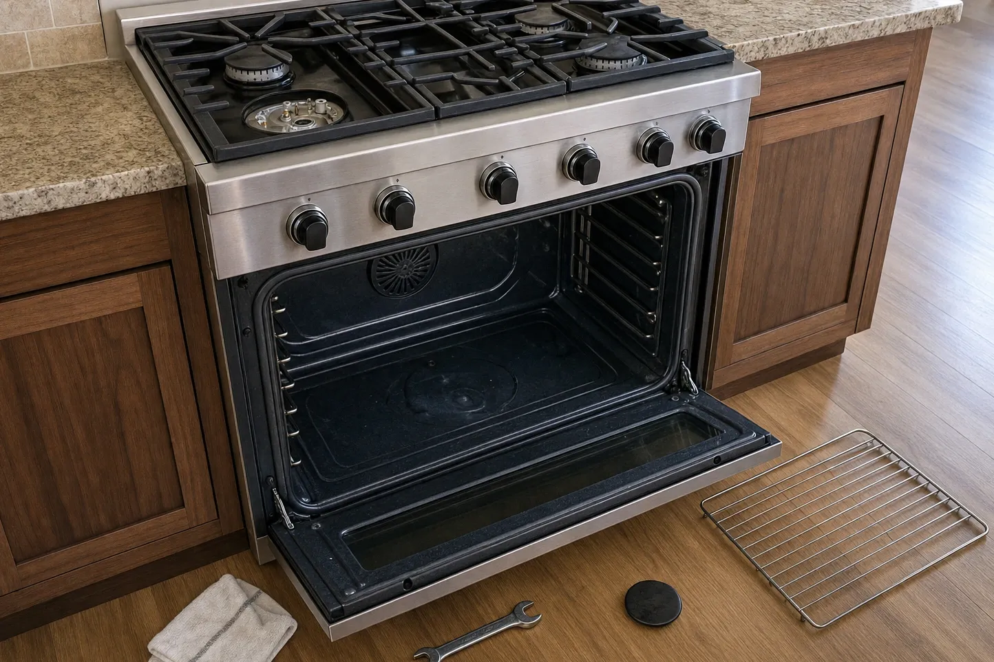Stainless range with black control knobs against walnut cabinets, oven door open and the removed burner cap on the floor