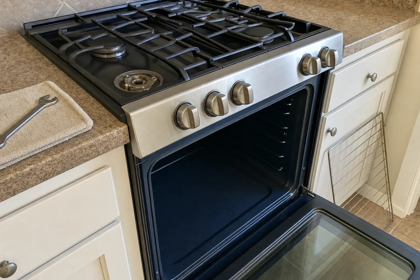 Open oven cavity seen from the corner, navy porcelain walls and shelf ladders lit from the kitchen window