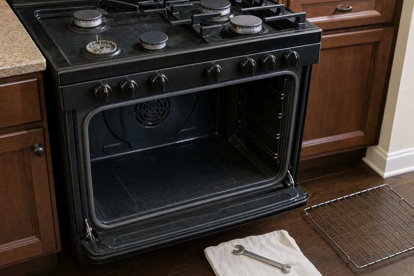 Dark oven cavity with the door lowered far enough to show both hinge arms rising out of the frame at the bottom corners