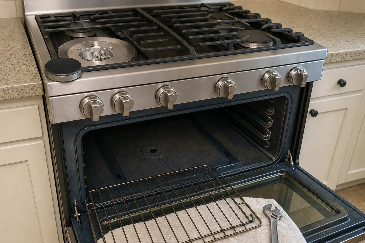 Oven rack drawn half out and resting on the lowered door beside a folded towel and an adjustable wrench