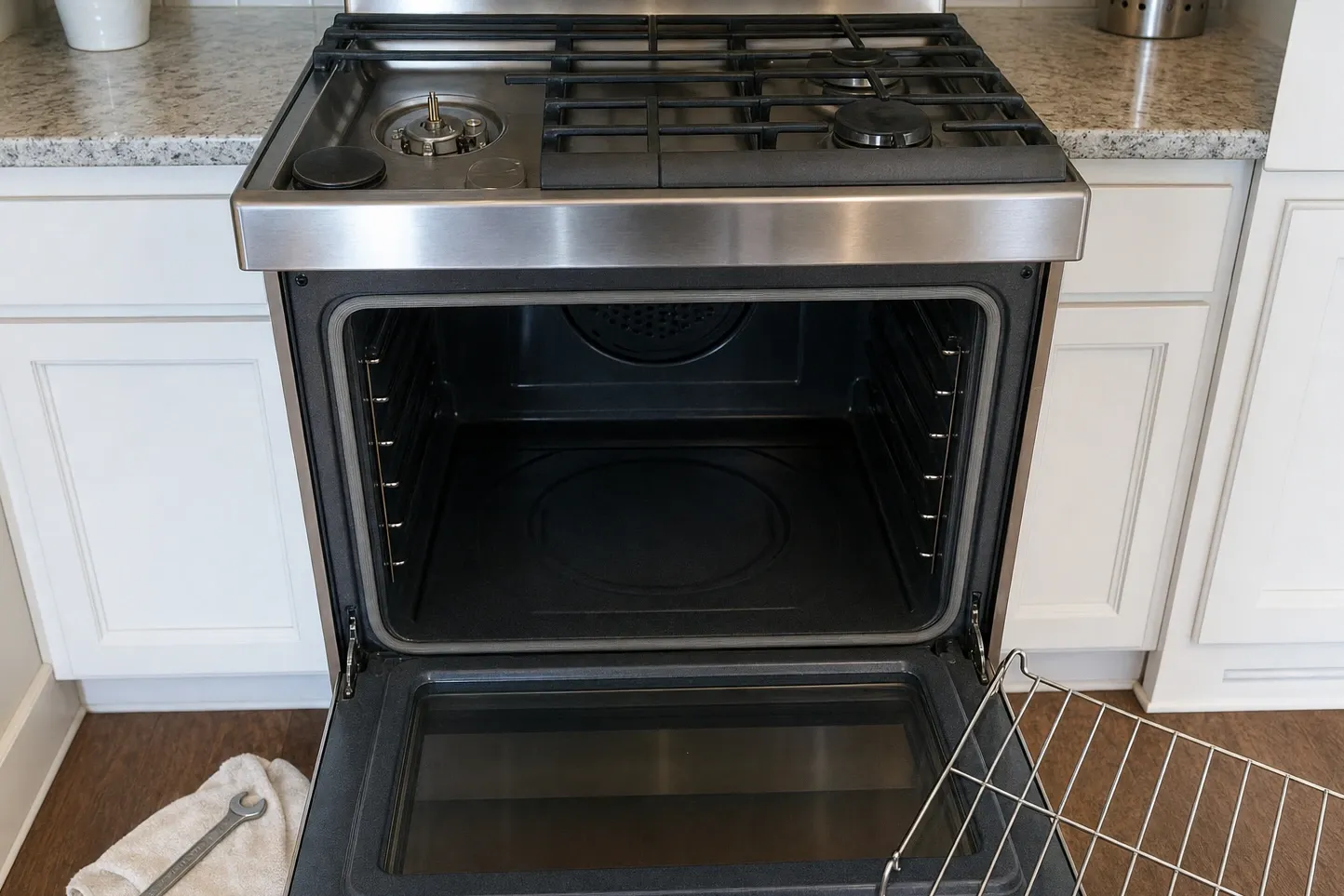 Oven door lowered flat on an empty cavity, the perforated fan cover centred on the back wall and a ladder of rack guides down each side