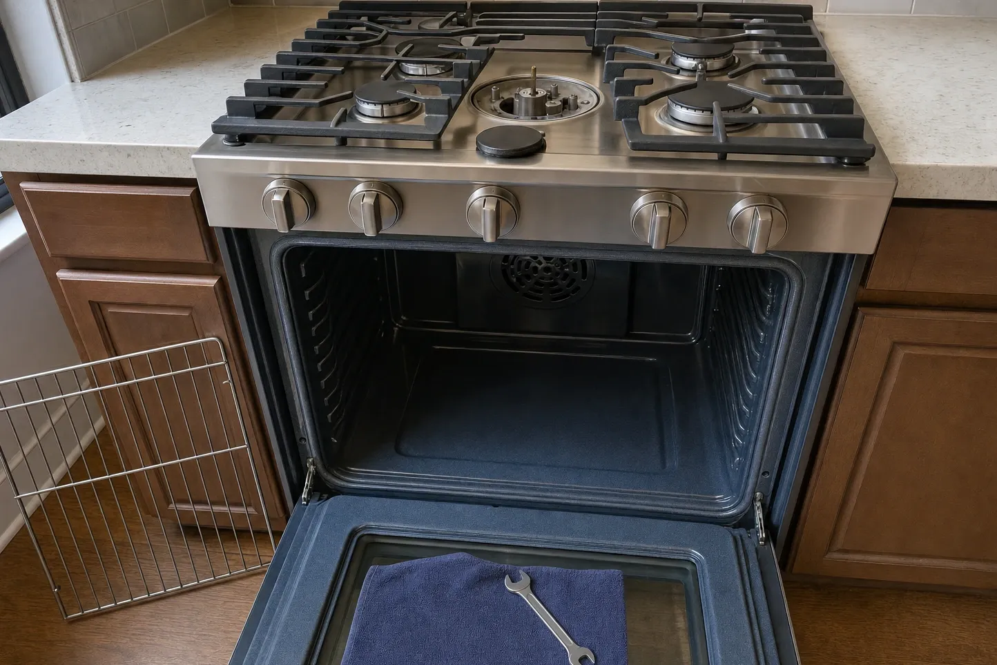 Deep blue speckled porcelain lining an open oven cavity, with the same blue on the inside face of the lowered door