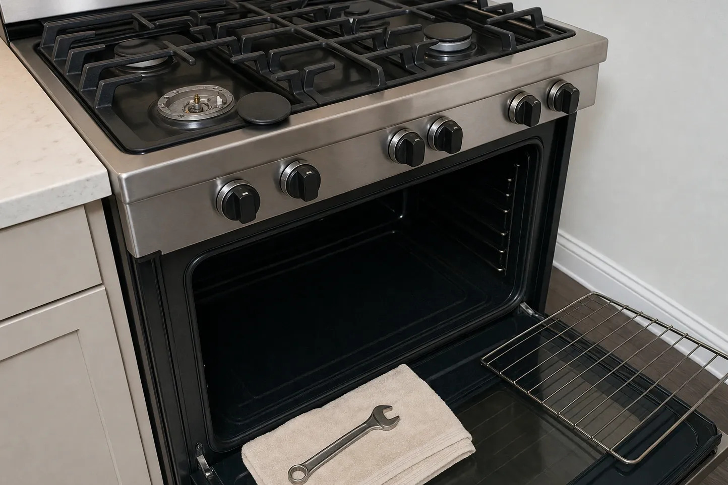 Pro-style range with black control knobs, oven door open and a rack resting across it beside a towel and a wrench
