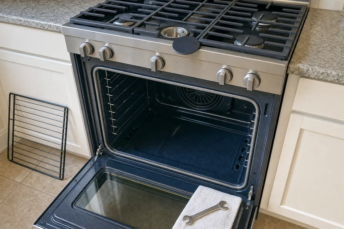 Oven cavity with a round fan cover at the back and a column of narrow vent slots running down the right-hand wall