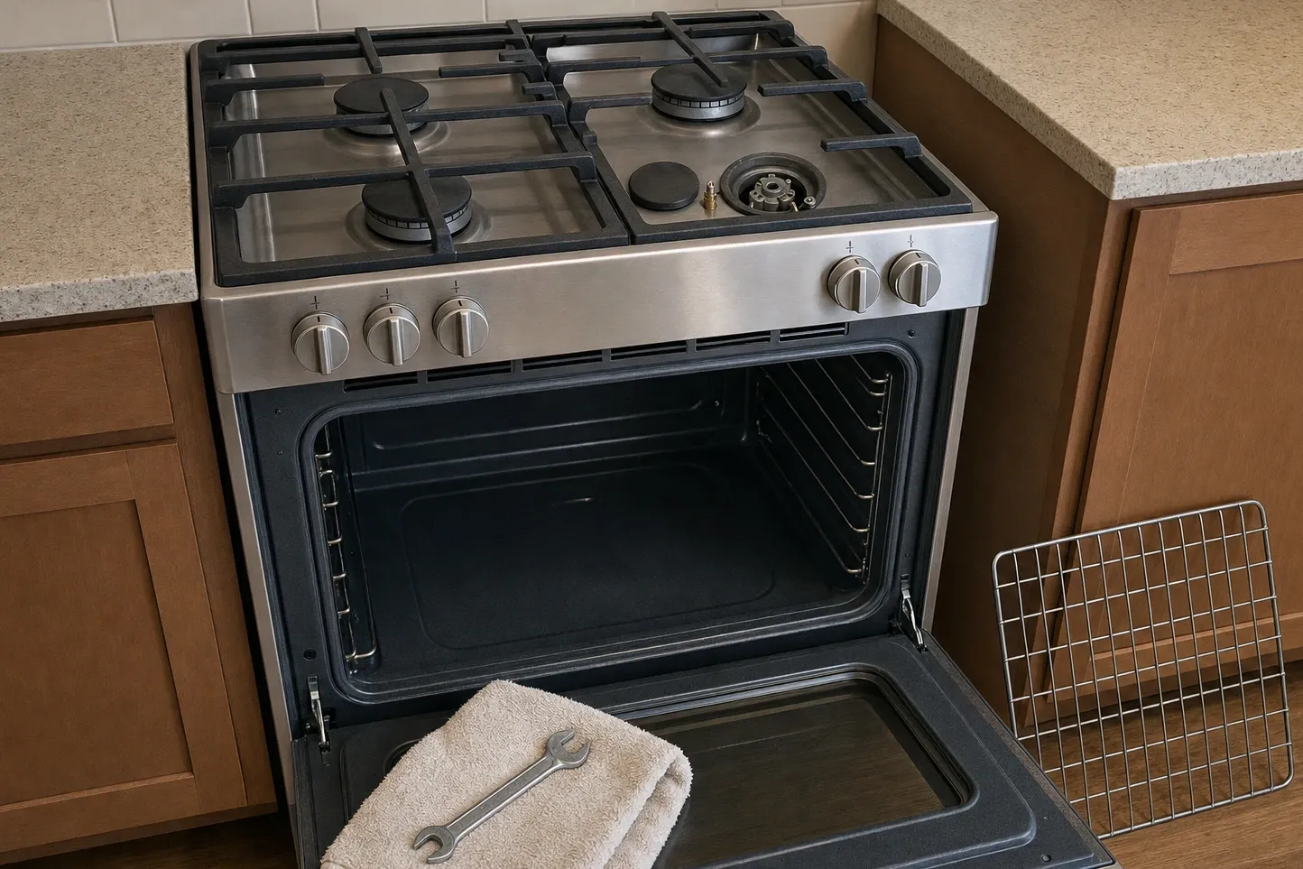 Narrow vent strip across the top of an oven opening, immediately under the control panel, with the cavity below it open
