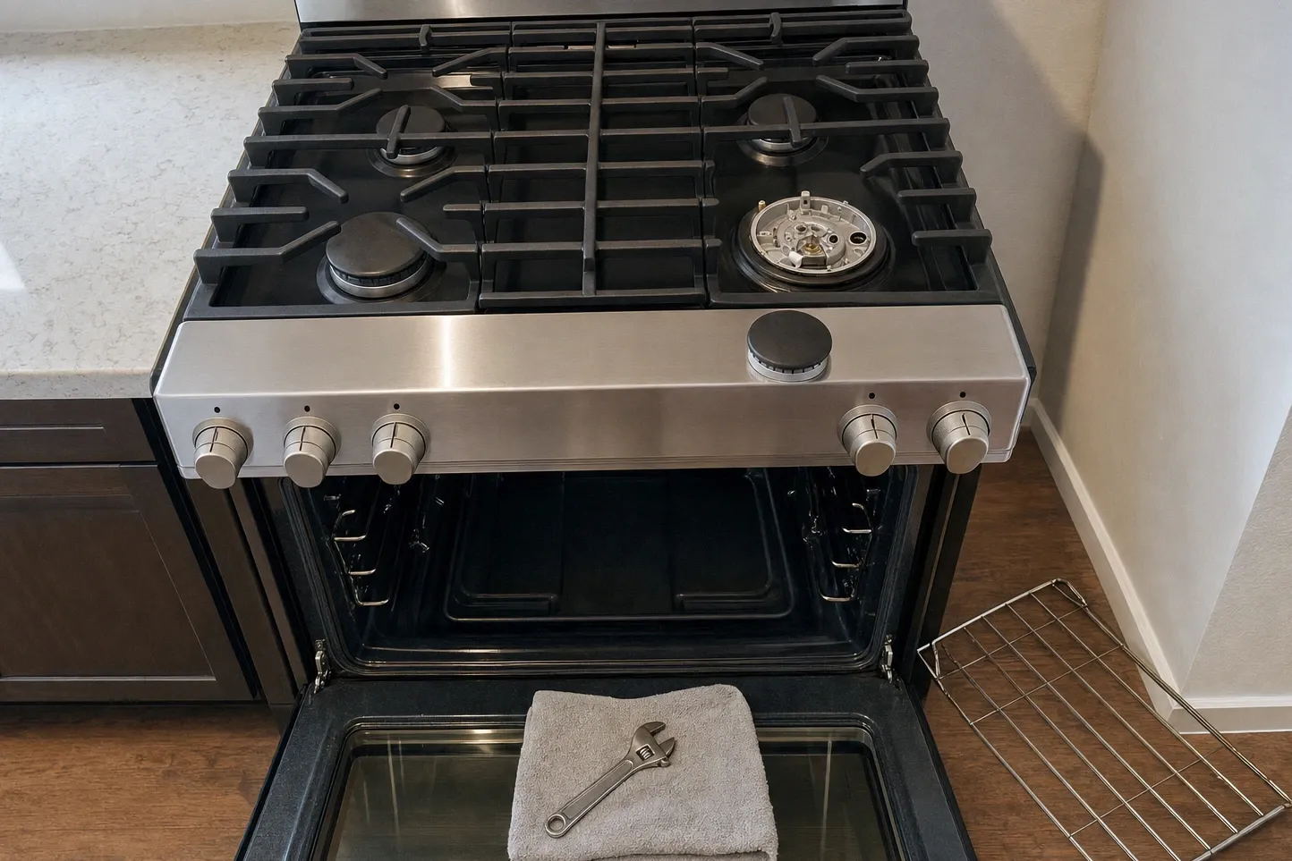 Burner cap and head lifted away to leave the base casting and its electrode exposed, brushed cylinder knobs along the panel below