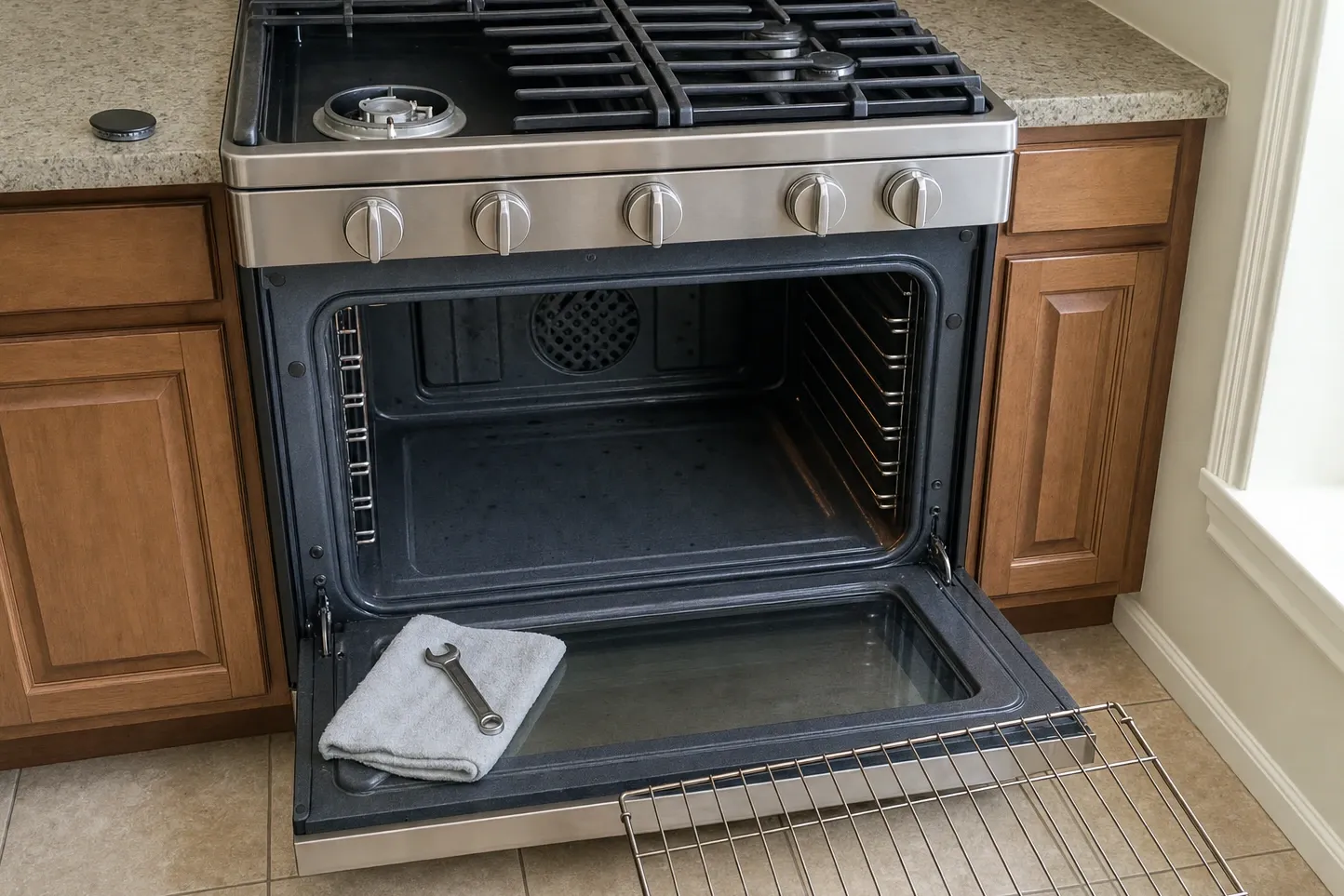 Oven door lowered until it is level, its inner glass panel set in a wide dark frame and a hinge arm showing at each bottom corner