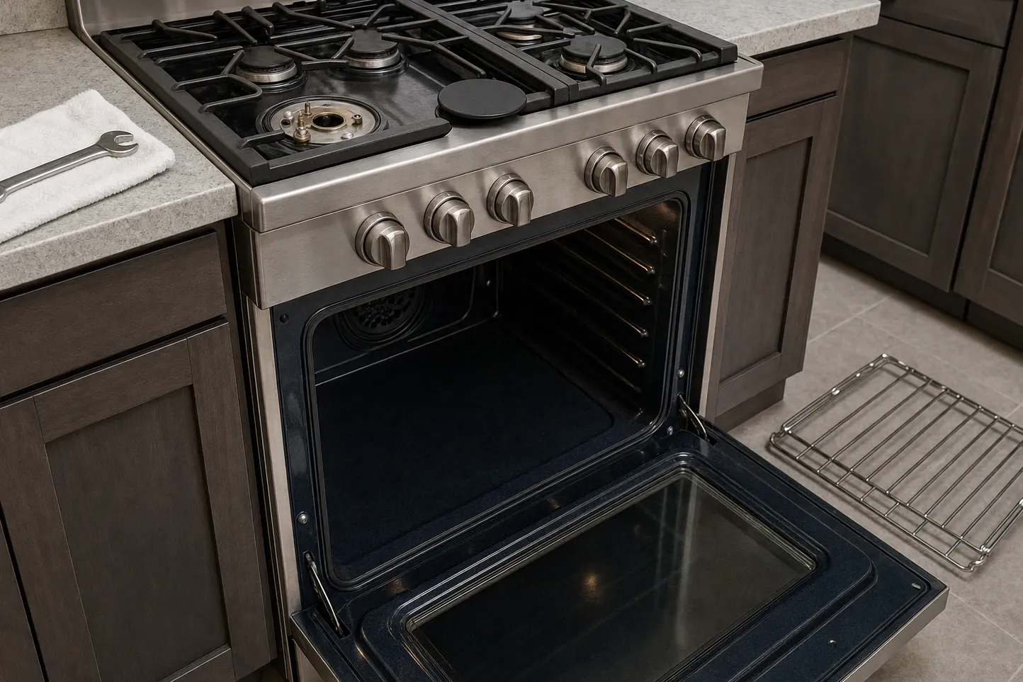 Row of six brushed cylinder knobs above an open oven whose cavity is deep navy, fan cover high on the left of the back wall